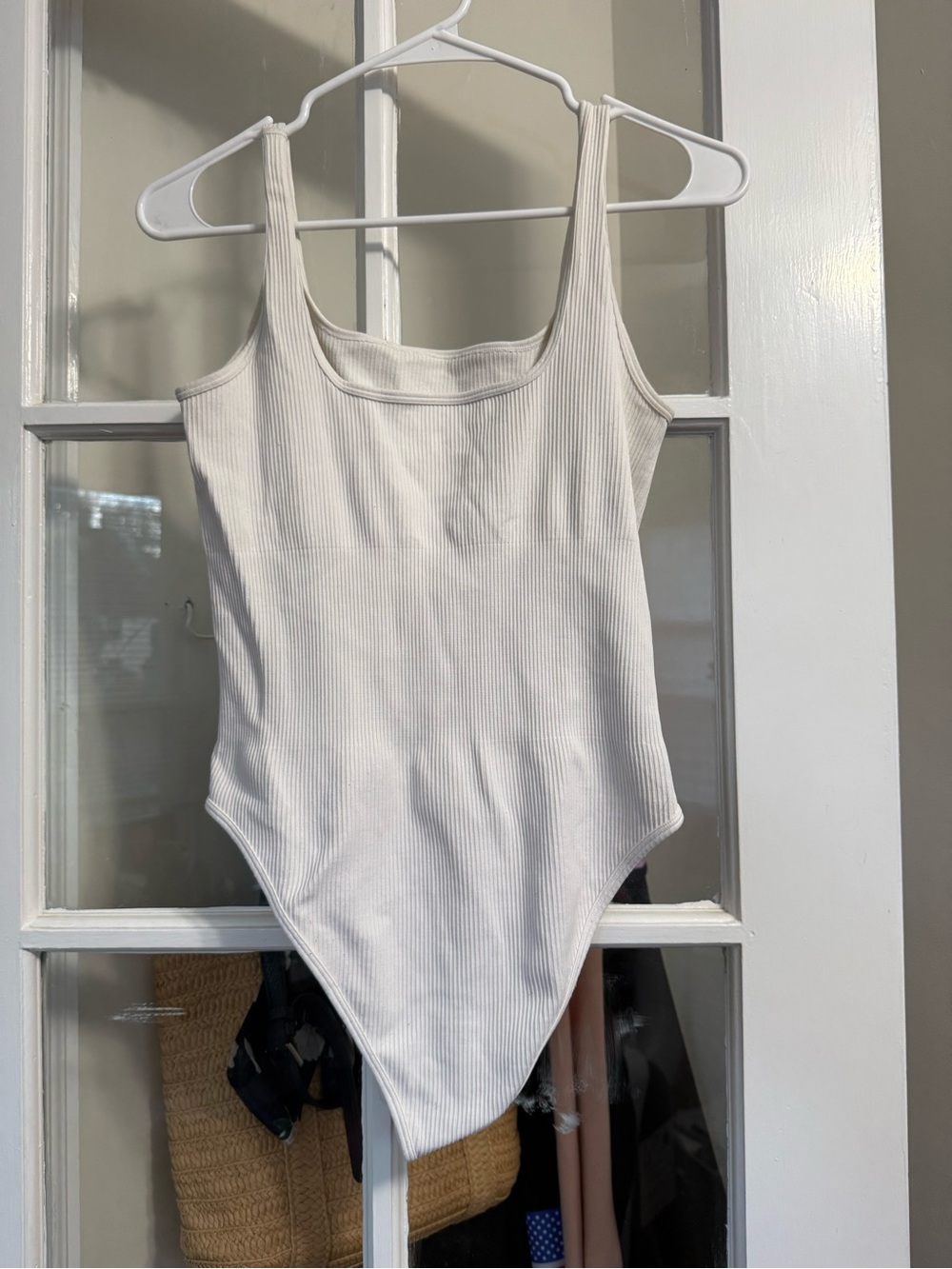 Square Neck Ribbed Bodysuit in White - Picture 2 of 4